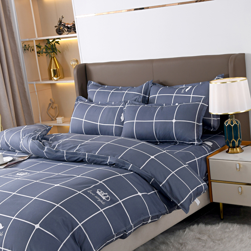 Linen Duvet Cover - 4pcs Navy Blue Grid Bedding Set,
