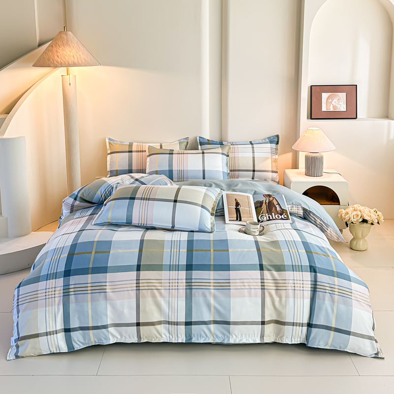 4PCS Blue Plaid Bedding Set Mo - Linen Duvet Cover recension och pris