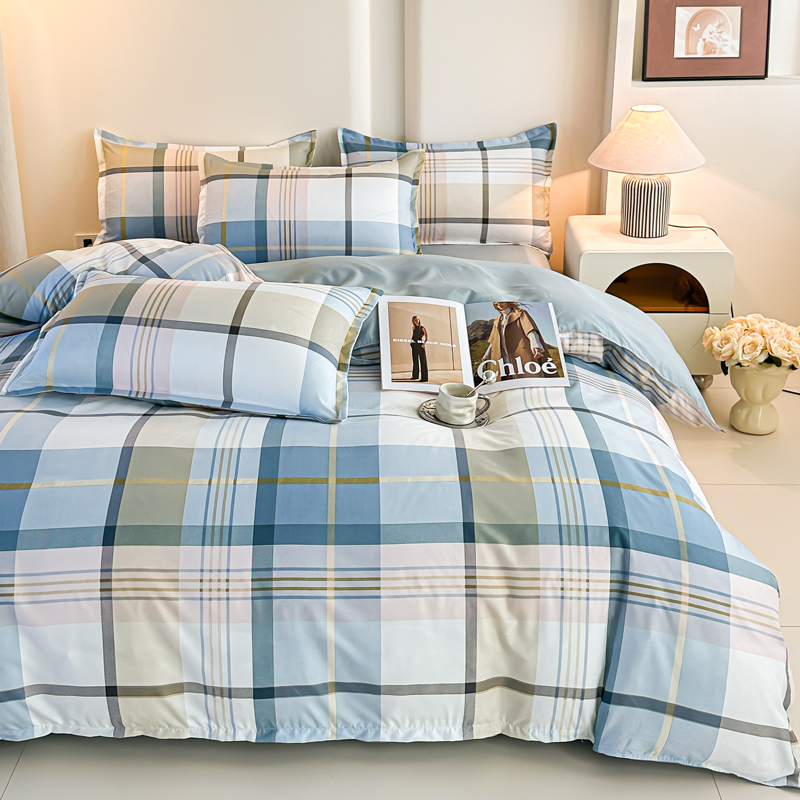 4PCS Blue Plaid Bedding Set Mo - Linen Duvet Cover recension och pris